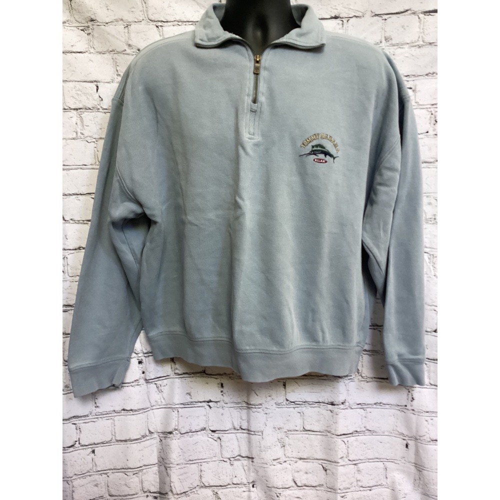Tommy Bahama Relax Mens Large Light Blue 1/4 Zip Cotton Pullover Marlin Logo